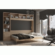 Composition armoire lit escamotable horizontale STRADA-V2 mélaminé chêne - Couchage 160x200 avec surmeuble et colonne bibliothèque_5