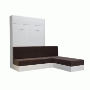 Lit escamotable Dynamo Sofa - Canapé angle méridienne réversible blanc mat tissu marron 140x200 cm avec coffre de rangement_5