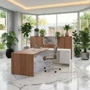 Bureau d'angle T45 avec caisson - Quadrifoglio. - 200, Droite, Noyer Canaletto et blanc_5