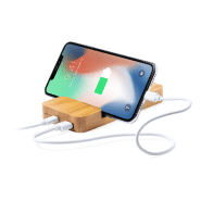 Power bank en bambou - Batterie 5000 mAh - Chargeur rapide sans fil 15W - Support mobile intégré_5