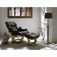 Fauteuil relax CLAIRAC - assise en cuir marron, pied en bois naturel avec repose-pied, inclinable et pivotant 360°_5