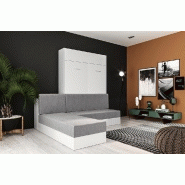 Lit escamotable Dynamo Sofa - Canapé angle méridienne réversible - Blanc mat et tissu gris - 140x200 cm_5