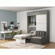 Duo Sofa - Armoire lit escamotable avec canapé gris - 2 x 90/200 - Structure grise et façade blanche_5