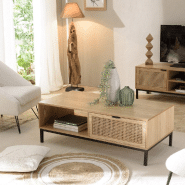 Table basse MARCI - 1 niche, 2 tiroirs avec cannage naturel et structure métal noir_5
