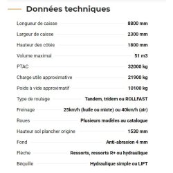 Rollspeed 8851 - Benne agricole monocoque Rolland - Volume maximal 51 m³, hauteur de caisse 1m80, acier HLE