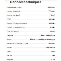Bh 3 - bennes à ridelles - rolland - charge utile approximative : 3000 kg - poids à vide approximatif : 820 kg