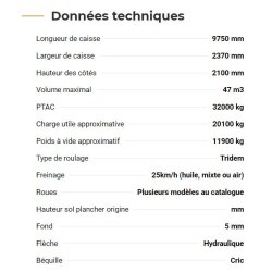 Rollpush 9747 - Benne agricole monocoque Rolland - Fond poussant inclinable - Volume 47 m³