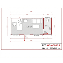Bungalow Bureau Modulaire avec Sanitaire OC6004 - 6x2,40m - Isolé et Neuf