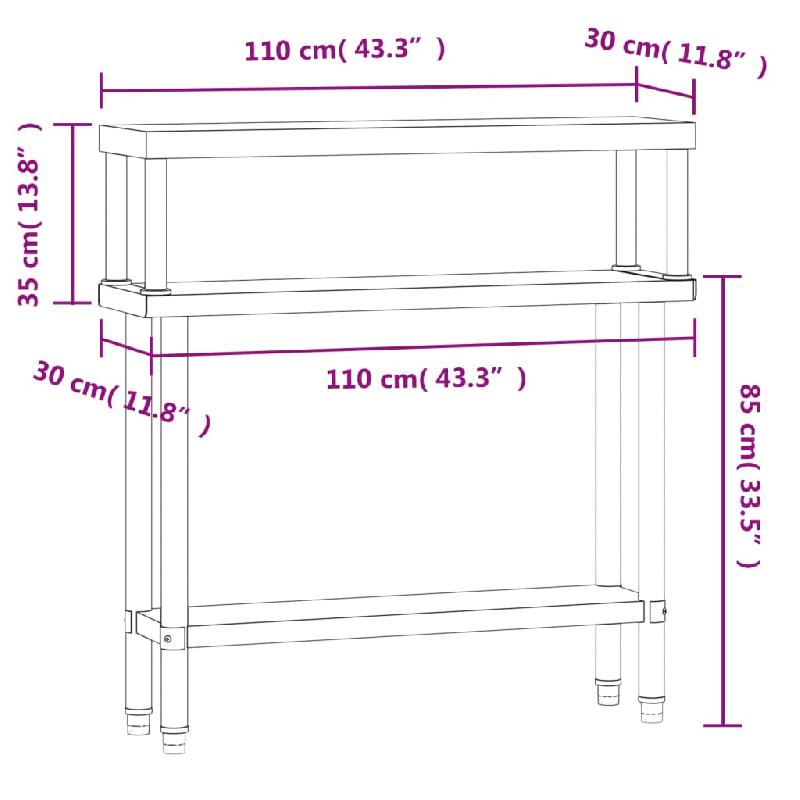 Vidaxl table de travail de cuisine avec étagère 110x30x120 cm inox 3208894_6