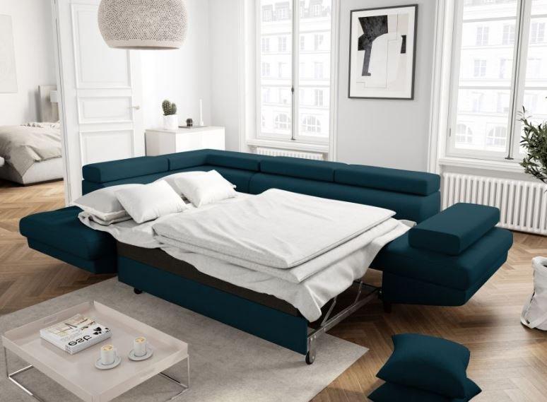 Canapé d'angle méridienne coffre gauche RINO convertible bleu canard - pieds laqués noir - 3 têtières réglables et 2 coussins déco_6