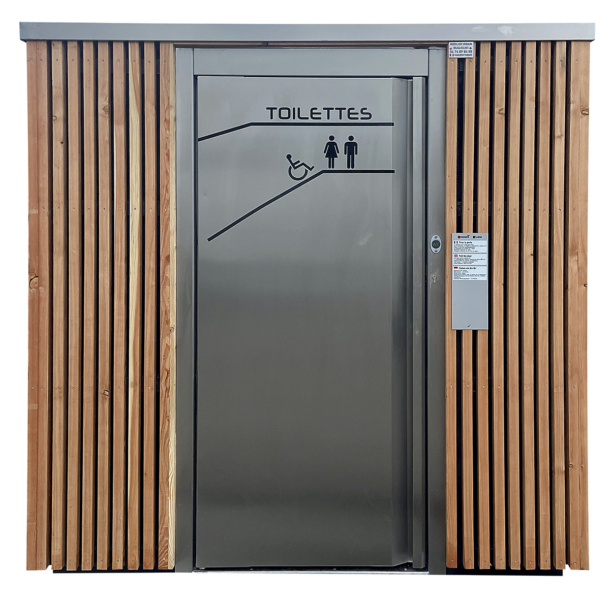 Cabine PMR avec finition Trespa, bois, béton et local technique disponible en version manuelle, semi-automatique ou automatique- réf. 2054_6