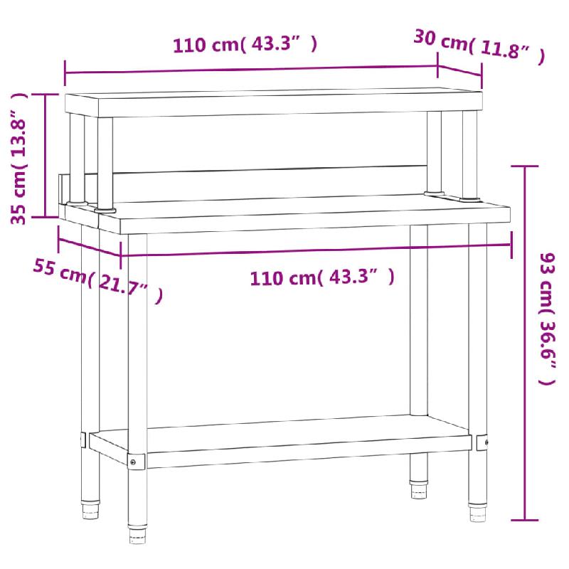 Vidaxl table de travail de cuisine avec étagère 110x55x120 cm inox 3208896_6