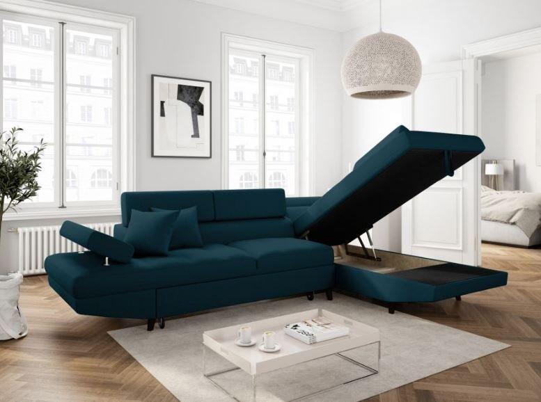 Canapé d'angle méridienne droite RINO - convertible avec coffre - bleu canard - pieds laqués noir - 3 têtières réglables - 2 coussins déco_6
