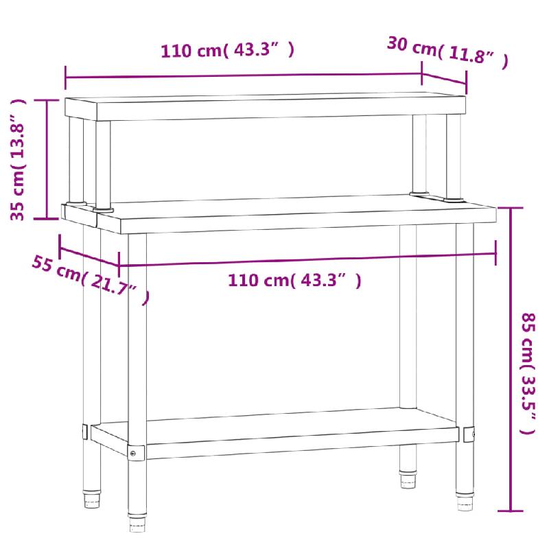Vidaxl table de travail de cuisine avec étagère 110x55x120 cm inox 3208899_6