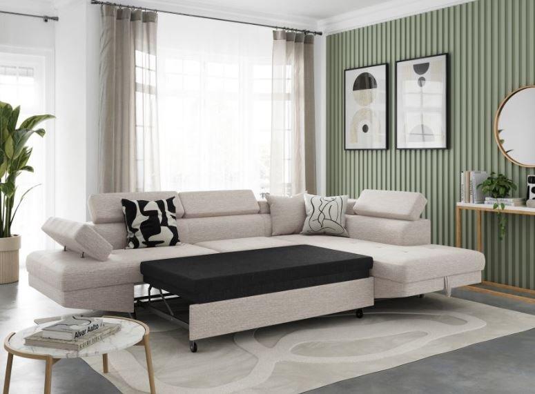 Canapé d'angle convertible méridienne droite RINO beige - pieds métal - avec coffre et têtières réglables_6