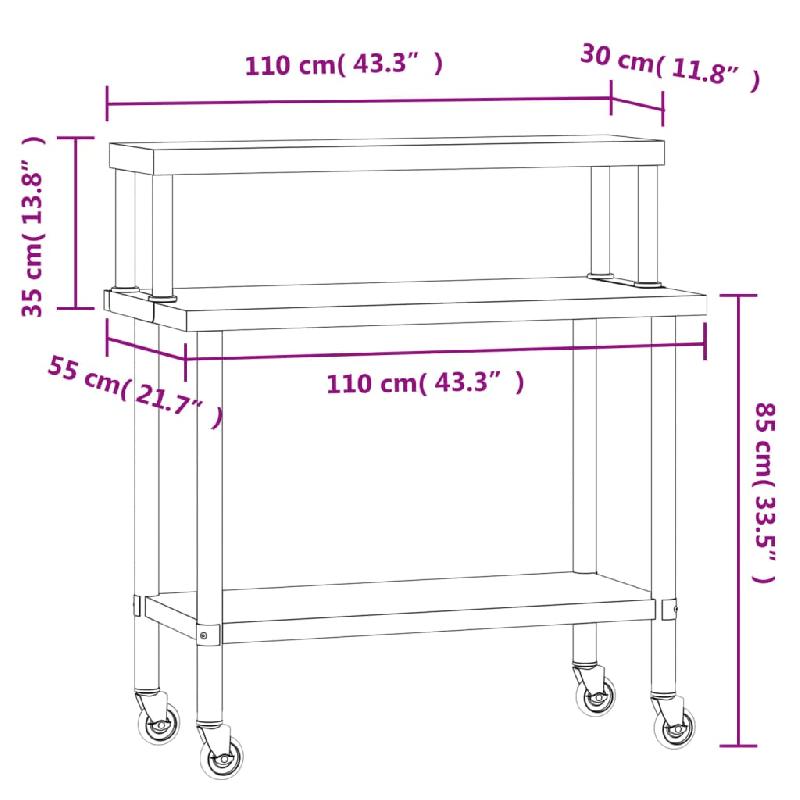 Vidaxl table de travail de cuisine avec étagère 110x55x120 cm inox 3208901_6