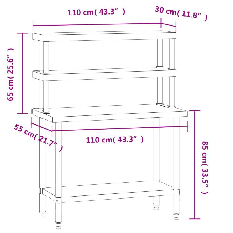 Vidaxl table de travail de cuisine avec étagère 110x55x150 cm inox 3208907_6