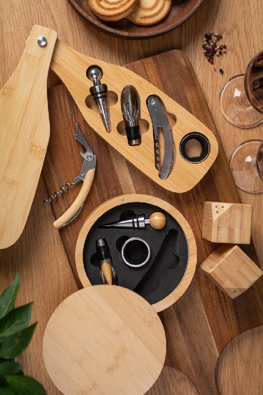 Set à vin - tire-bouchon, bouchon et embout en acier inoxydable avec boîte en bambou_6