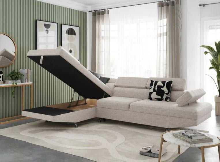 Canapé d'angle convertible avec méridienne gauche RINO beige - pieds métal - coffre de rangement - têtières réglables_6