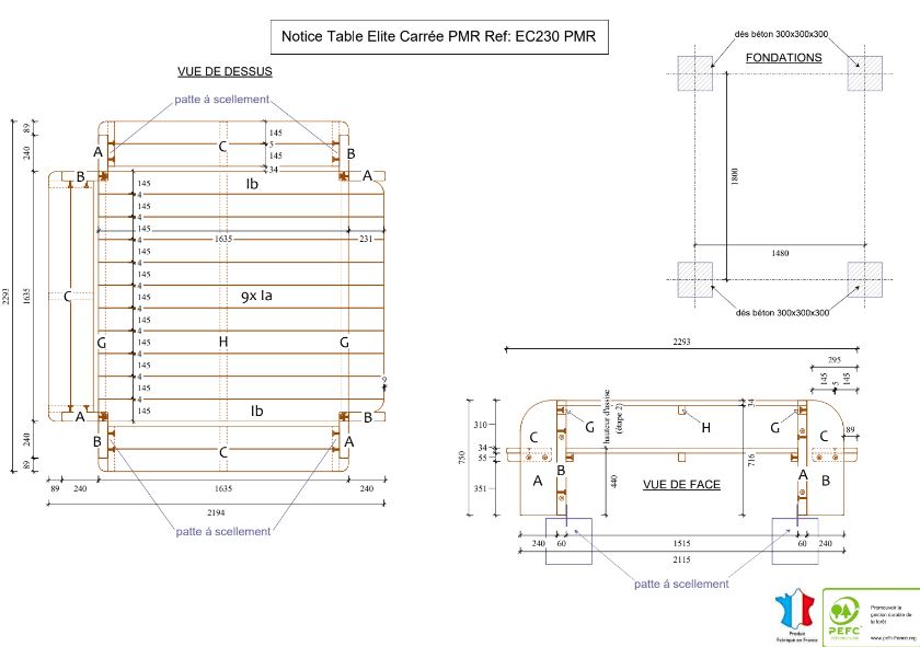Table Elite Carrée PMR - Réf: EC230 PMR - 2,30m x 2,30m x 0,75m - Piétement bois - Livrée en KIT_6