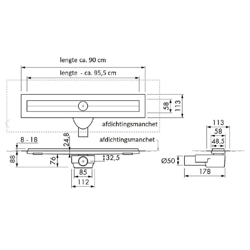 Schütte siphon de sol de douche avec couvercle en inox 95,5 cm 435050_6
