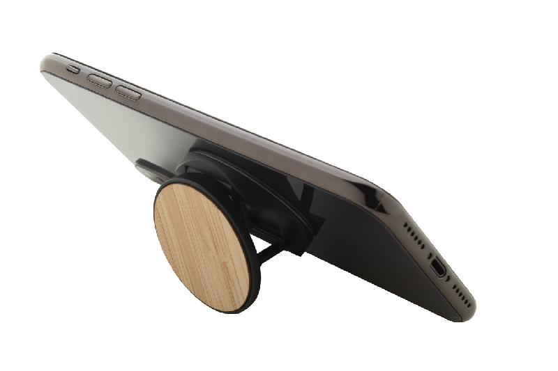 Support pour mobile rond en plastique avec base auto-adhésive et revêtement bambou - couleur noir, poids 8g_6