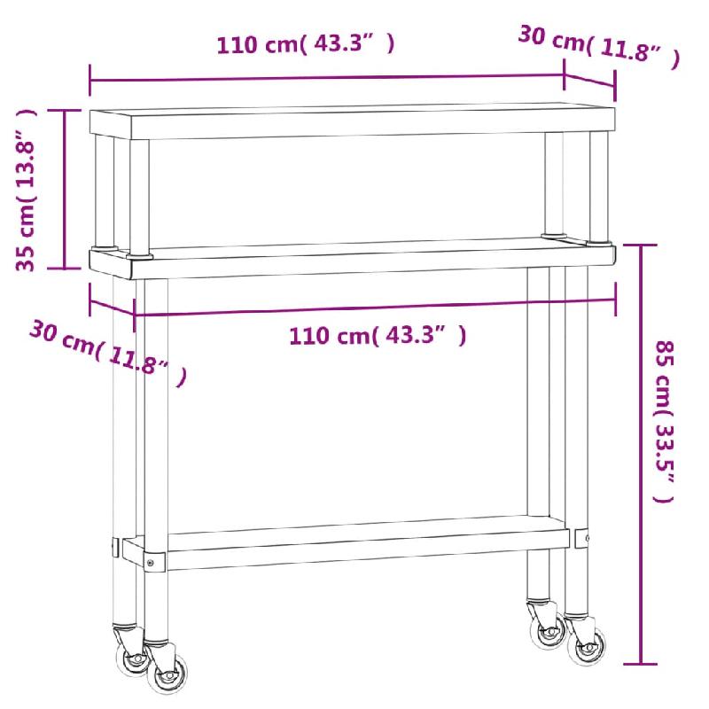 Vidaxl table de travail de cuisine avec étagère 110x30x120 cm inox 3208897_6