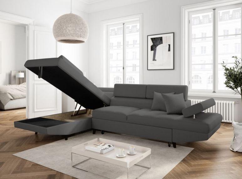 Canapé d'angle méridienne gauche coffre RINO - convertible gris graphite - pieds laqués noir - 3 têtières réglables_6