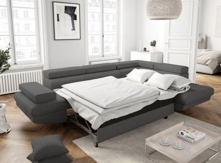Canapé d'angle méridienne droite RINO convertible avec coffre - tissu gris graphite - pieds laqués noir - 3 têtières réglables_6