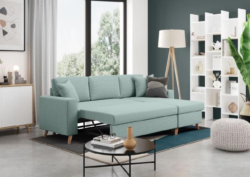 Canapé d'angle réversible convertible ARKO bleu clair avec méridienne réversible, coffre et coussins assortis_6