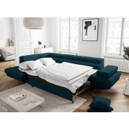 Canapé d'angle méridienne coffre gauche RINO convertible bleu canard - pieds laqués noir - 3 têtières réglables et 2 coussins déco_6