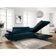 Canapé d'angle méridienne droite RINO - convertible avec coffre - bleu canard - pieds laqués noir - 3 têtières réglables - 2 coussins déco_6