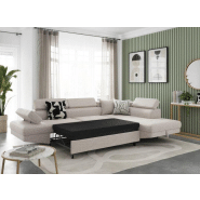 Canapé d'angle convertible méridienne droite RINO beige - pieds métal - avec coffre et têtières réglables_6