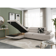 Canapé d'angle convertible avec méridienne gauche RINO beige - pieds métal - coffre de rangement - têtières réglables_6