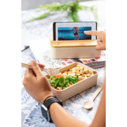 Lunch box en plastique PP - couvercle en bambou avec support téléphone - 2 compartiments de 700 ml avec couverts inclus_6