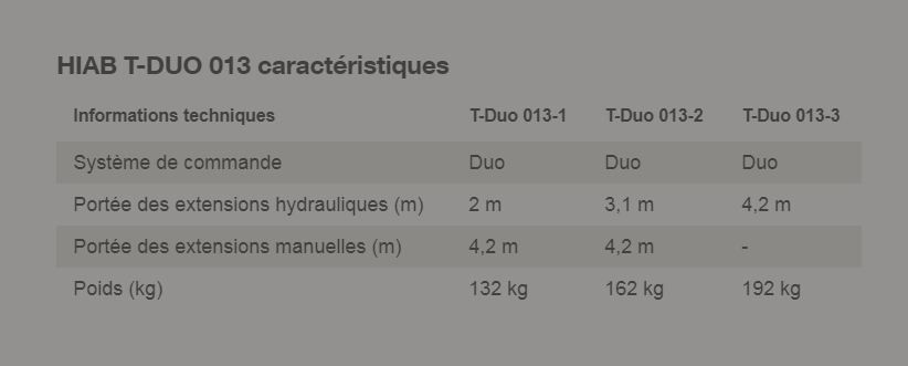 Grue auxiliaire HIAB T-DUO 013 idéale pour petites manutentions