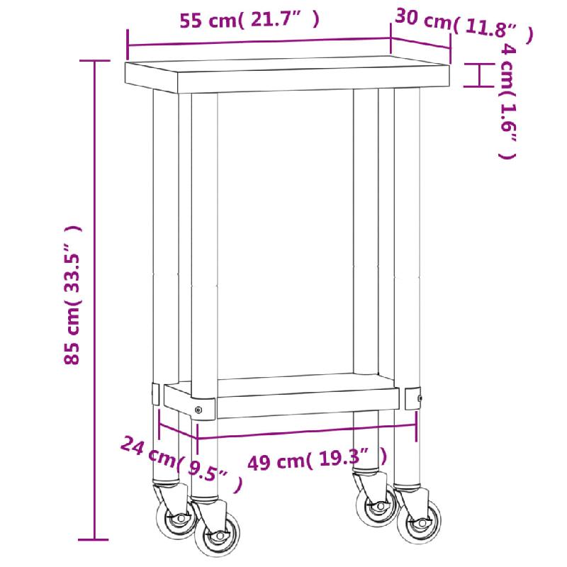 Vidaxl table de travail de cuisine avec roues 55x30x85 cm inox 376459_7