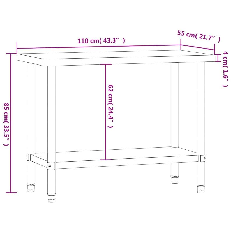 Vidaxl table de travail de cuisine 110x55x85 cm acier inoxydable 376455_7