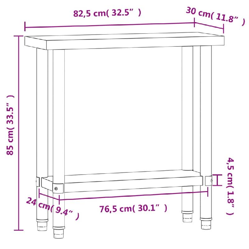 Vidaxl table de travail de cuisine 82,5x30x85 cm acier inoxydable 376451_7