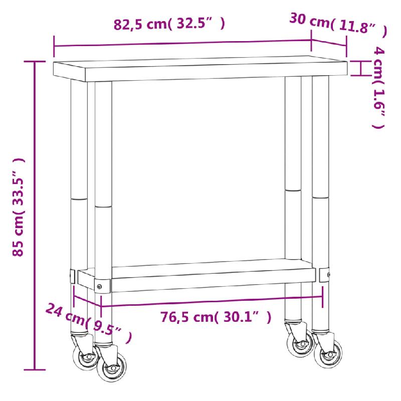 Vidaxl table de travail de cuisine avec roues 82,5x30x85 cm inox 376460_7