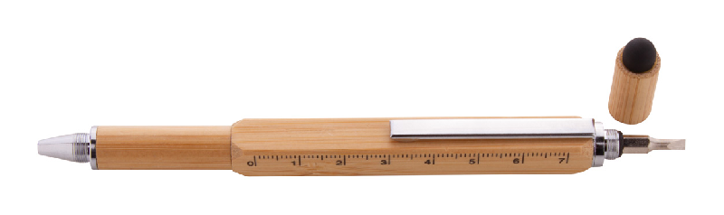 Stylo multifonctions en bambou – Stylet, tournevis, niveau à bulle, règle 7 cm – Encre bleue_7