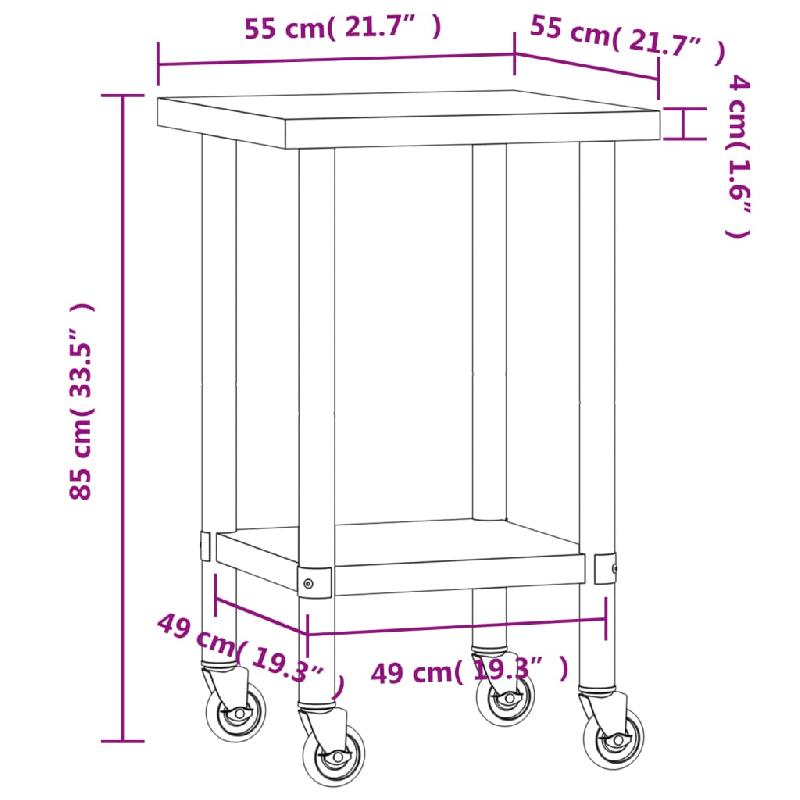 Vidaxl table de travail de cuisine avec roues 55x55x85 cm inox 376462_7
