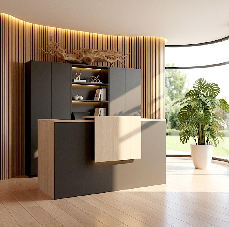 Borne d'accueil bicolore Delta First avec réhausse - Mobel Linea. - 164, Oui, Noir / acacia clair_0
