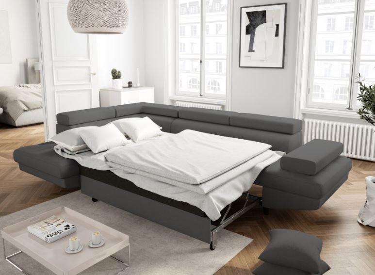Canapé d'angle méridienne gauche coffre RINO - convertible gris graphite - pieds laqués noir - 3 têtières réglables_7