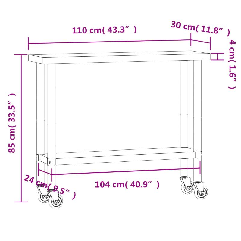 Vidaxl table de travail de cuisine avec roues 110x30x85 cm inox 376461_7