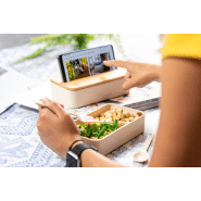 Lunch box en plastique PP - couvercle en bambou avec support téléphone - 2 compartiments de 700 ml avec couverts inclus_7