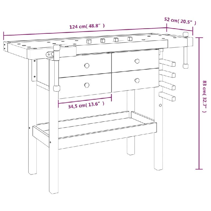 Vidaxl établi avec tiroirs et étaux 124x52x83 cm bois massif d'acacia 153322_8