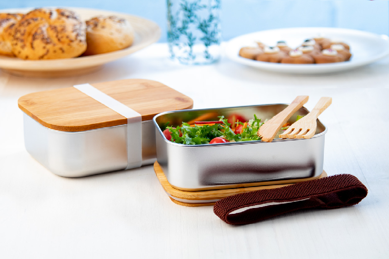 Lunch box en acier inoxydable - couvercle en bambou naturel - 600 ml avec couverts inclus_8