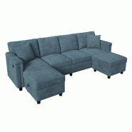 Merax Canapé modulable 4 places avec 2 tabourets de rangement, USB & USB-C, Canapé rembourré forme L ou U, 261 x 134 x 82 cm, chenille, bleu-gris - Merax Canapé modulable 4 places avec 2 tabourets de rangement, USB & USB-C, Canapé rembourré forme L ou U, 261 x 134 x 82 cm, chenille, bleu-gris -
